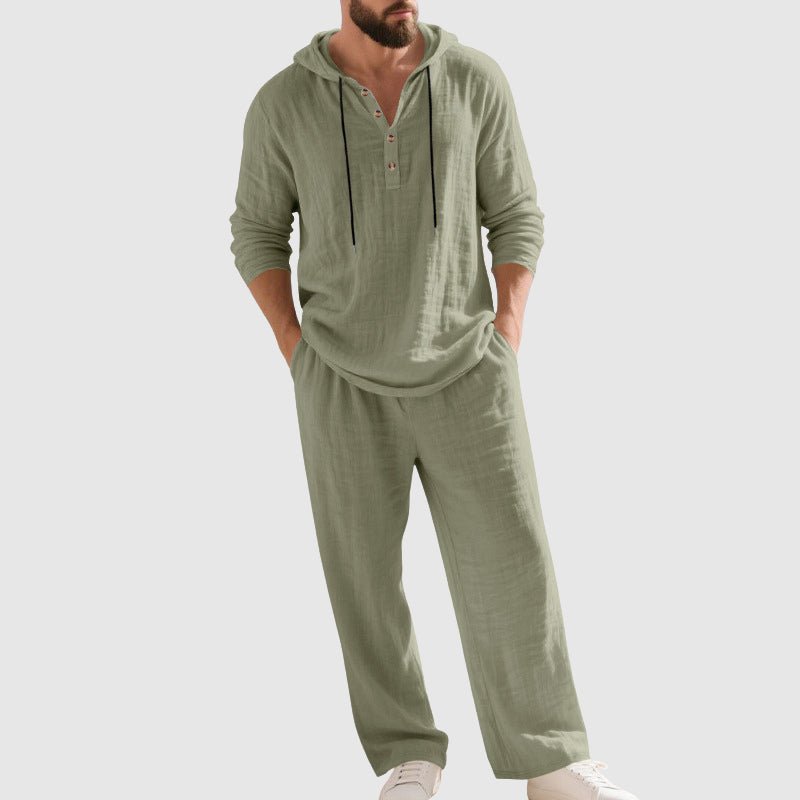 Men's Relaxed-Fit Hooded Henley Linen Two-Piece Set - Green