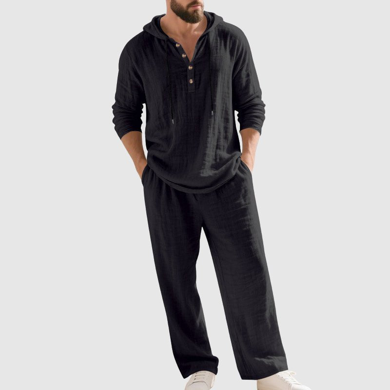 Men's Relaxed-Fit Hooded Henley Linen Two-Piece Set - Black