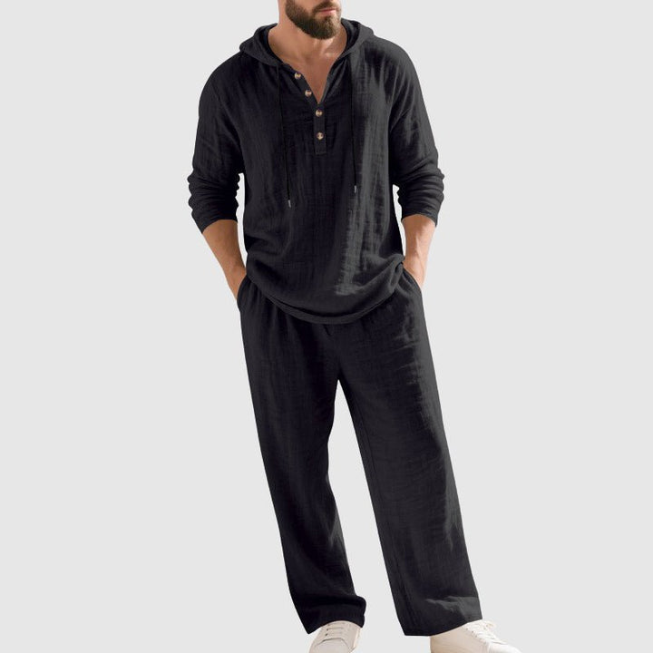 Men's Relaxed-Fit Hooded Henley Linen Two-Piece Set - Black