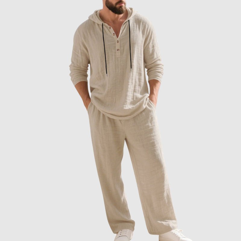 Men's Relaxed-Fit Hooded Henley Linen Two-Piece Set - Beige