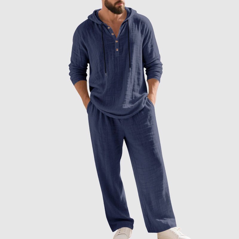 Men's Relaxed-Fit Hooded Henley Linen Two-Piece Set - Blue