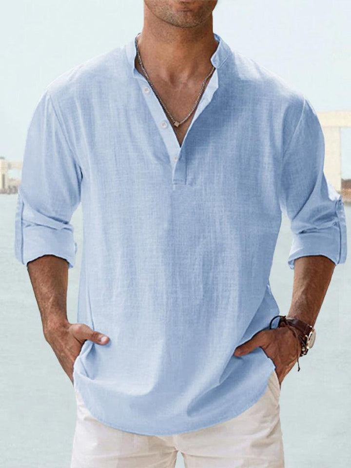 Men's Relaxed-Fit Linen-Blend Long-Sleeve Henley Shirt - Blue