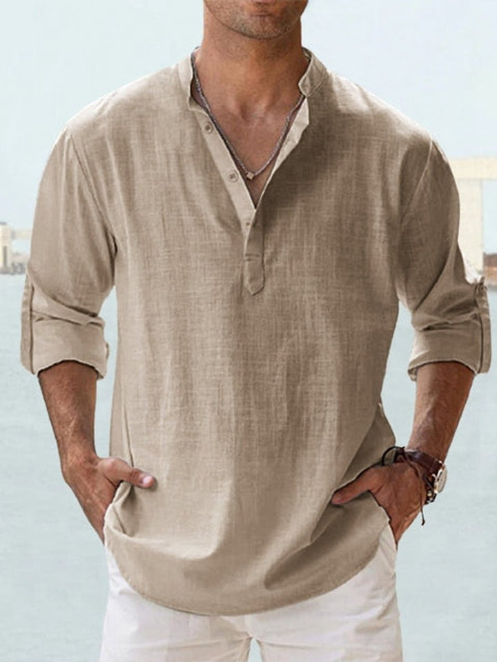 Men's Relaxed-Fit Linen-Blend Long-Sleeve Henley Shirt - Khaki
