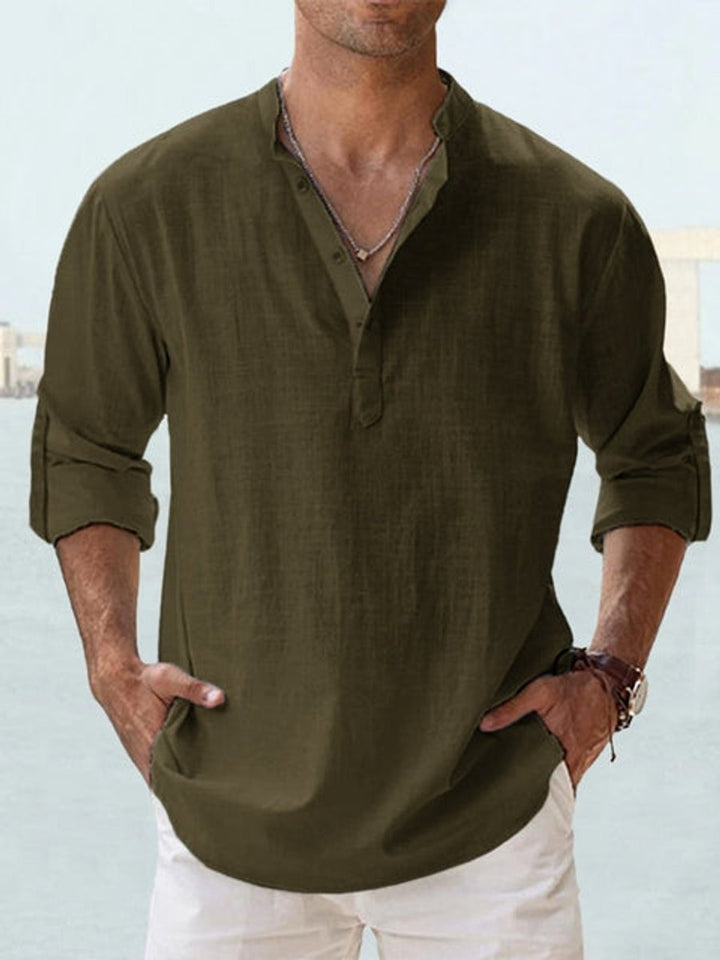 Men's Relaxed-Fit Linen-Blend Long-Sleeve Henley Shirt - Dark Green