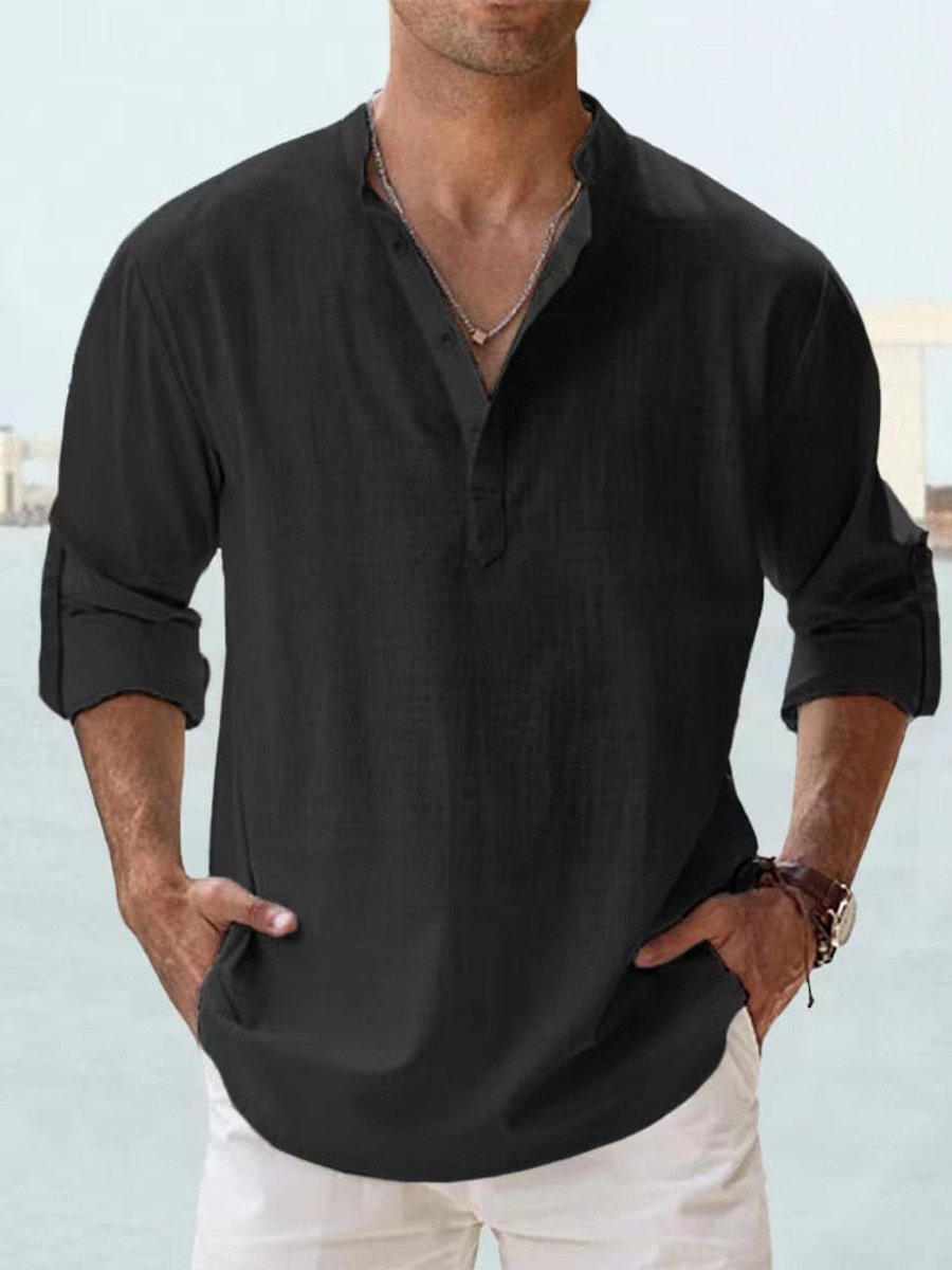 Men's Relaxed-Fit Linen-Blend Long-Sleeve Henley Shirt - Black