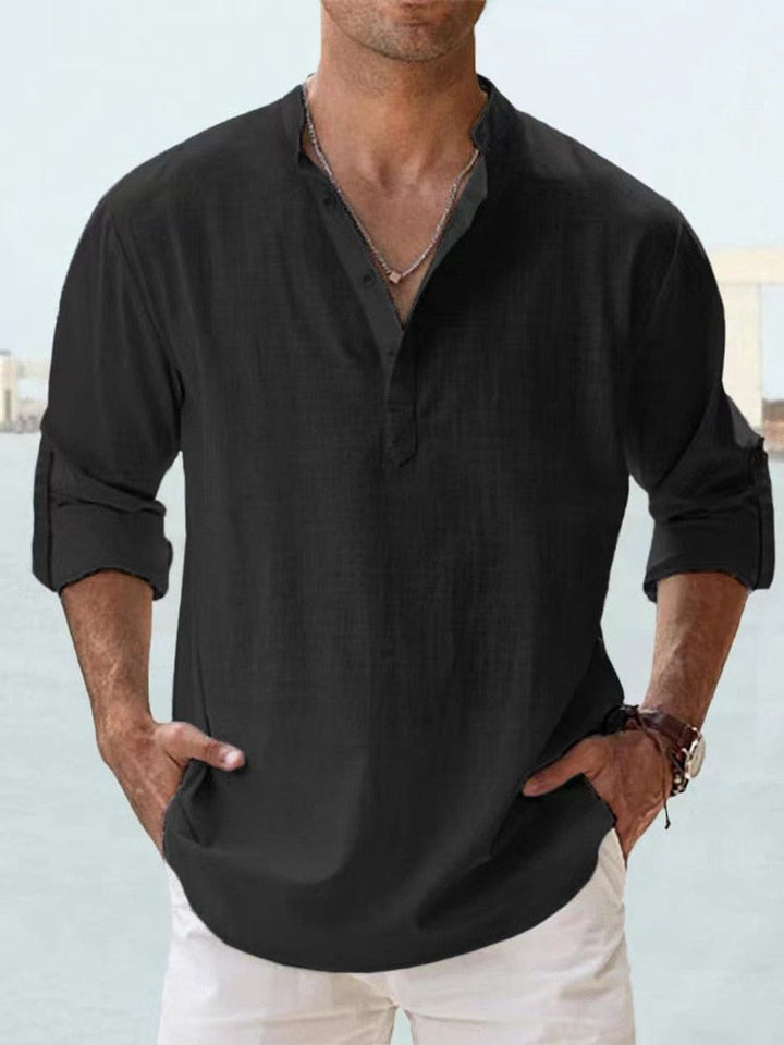 Men's Relaxed-Fit Linen-Blend Long-Sleeve Henley Shirt - Black