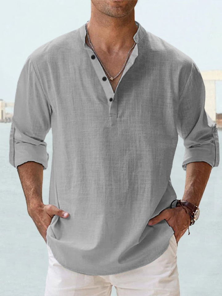 Men's Relaxed-Fit Linen-Blend Long-Sleeve Henley Shirt - Gray