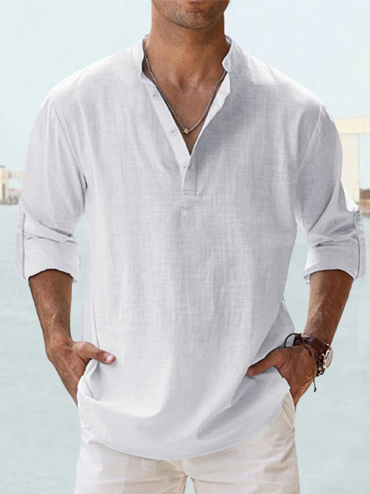 Men's Relaxed-Fit Linen-Blend Long-Sleeve Henley Shirt - White