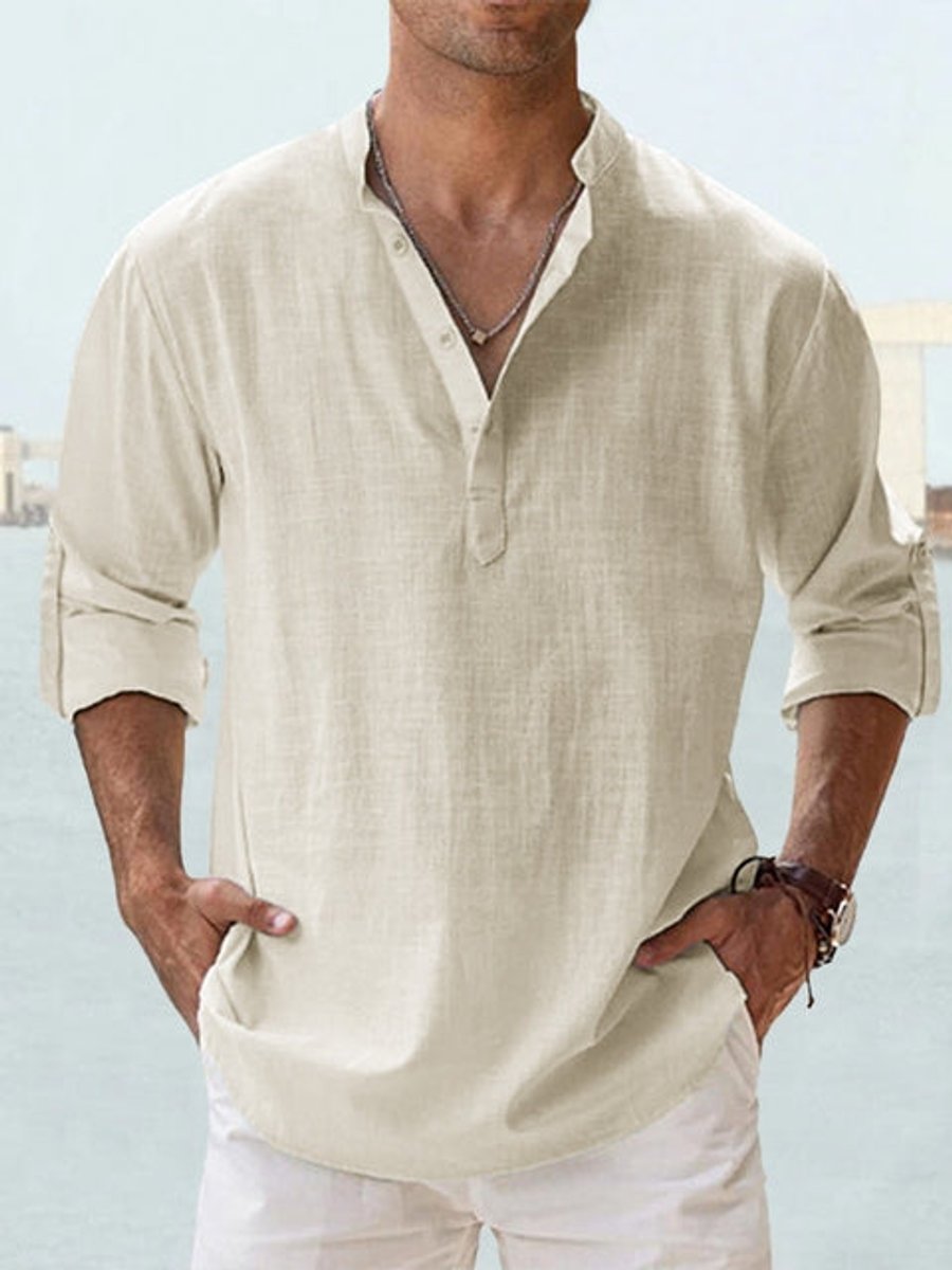 Men's Relaxed-Fit Linen-Blend Long-Sleeve Henley Shirt - Peach