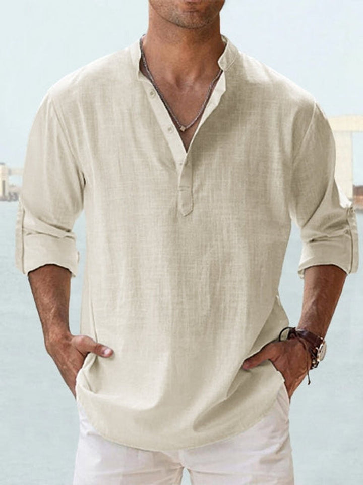 Men's Relaxed-Fit Linen-Blend Long-Sleeve Henley Shirt - Peach
