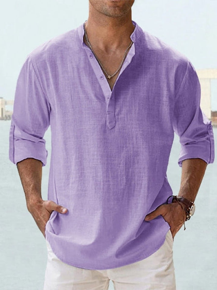 Men's Relaxed-Fit Linen-Blend Long-Sleeve Henley Shirt - Purple