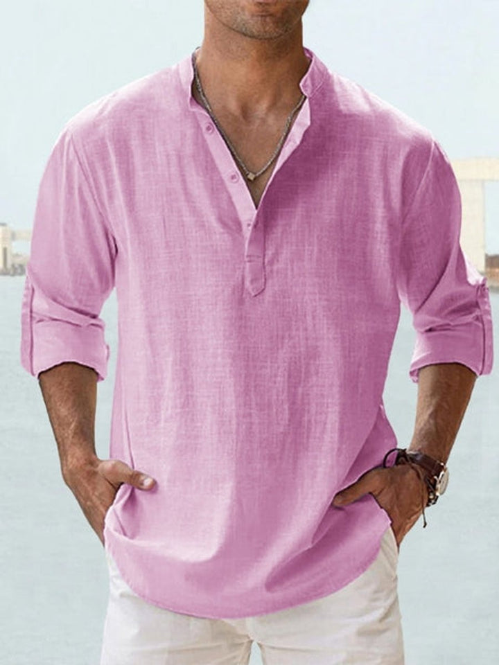 Men's Relaxed-Fit Linen-Blend Long-Sleeve Henley Shirt - Light Pink