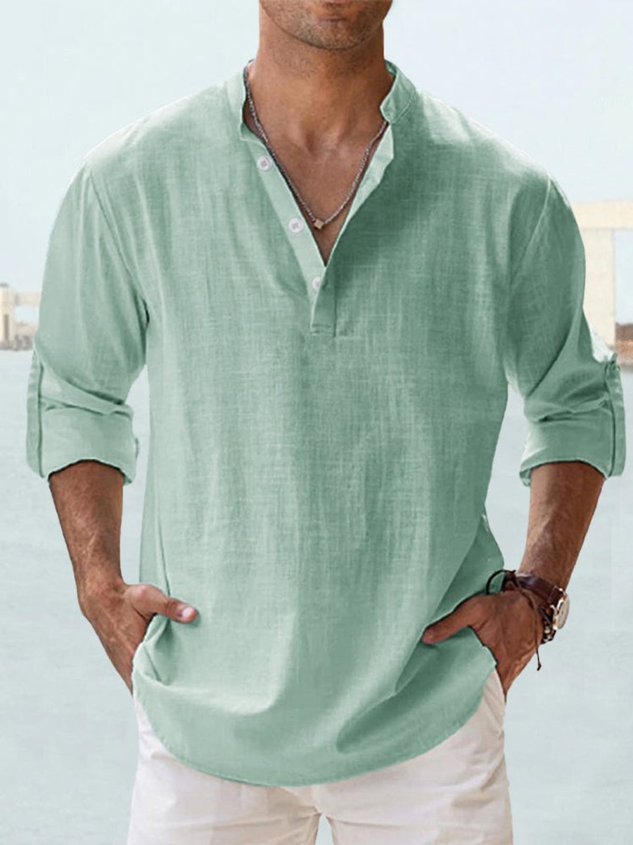 Men's Relaxed-Fit Linen-Blend Long-Sleeve Henley Shirt - Green