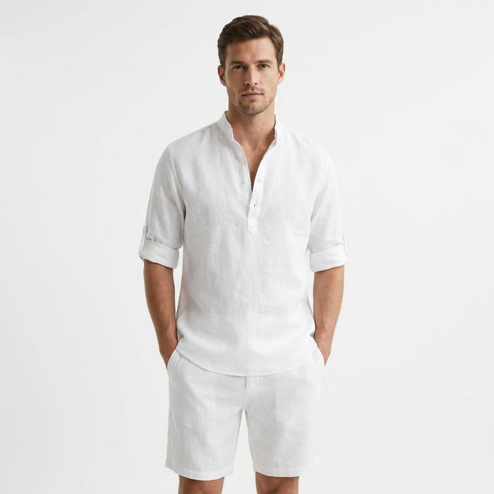 Men's Relaxed-Fit Linen Henley Mandarin-Collar Shirt - Blanco