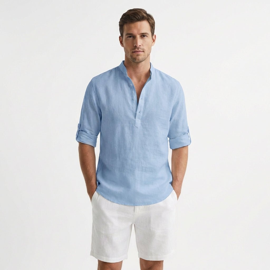 Men's Relaxed-Fit Linen Henley Mandarin-Collar Shirt - Azul Claro