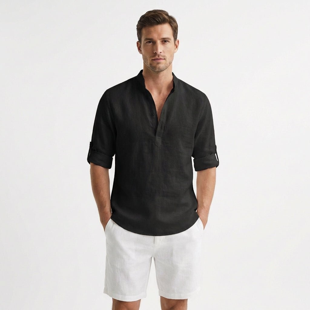 Men's Relaxed-Fit Linen Henley Mandarin-Collar Shirt - Negro