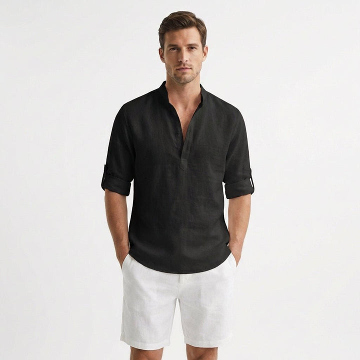 Men's Relaxed-Fit Linen Henley Mandarin-Collar Shirt - Negro