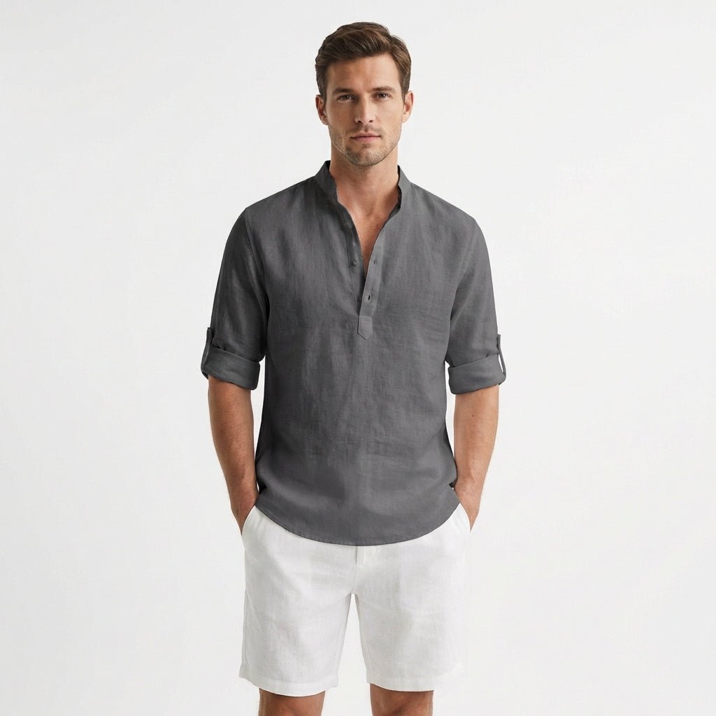 Men's Relaxed-Fit Linen Henley Mandarin-Collar Shirt - Gris
