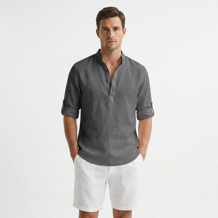 Men's Relaxed-Fit Linen Henley Mandarin-Collar Shirt - Gris