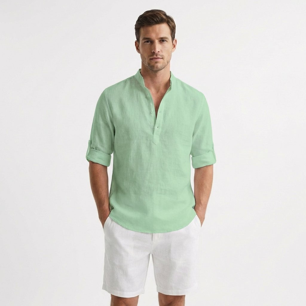 Men's Relaxed-Fit Linen Henley Mandarin-Collar Shirt - Verde menta