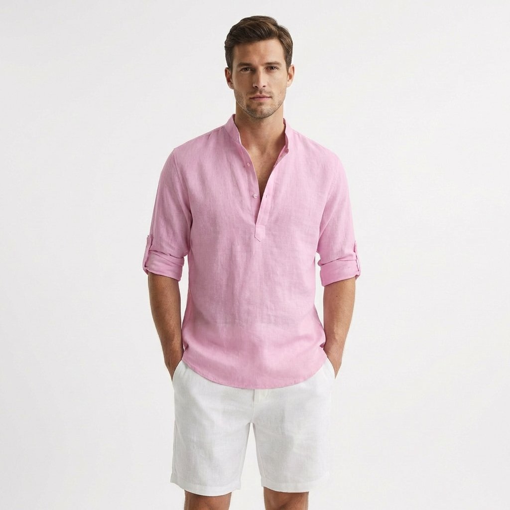 Men's Relaxed-Fit Linen Henley Mandarin-Collar Shirt - Rosa