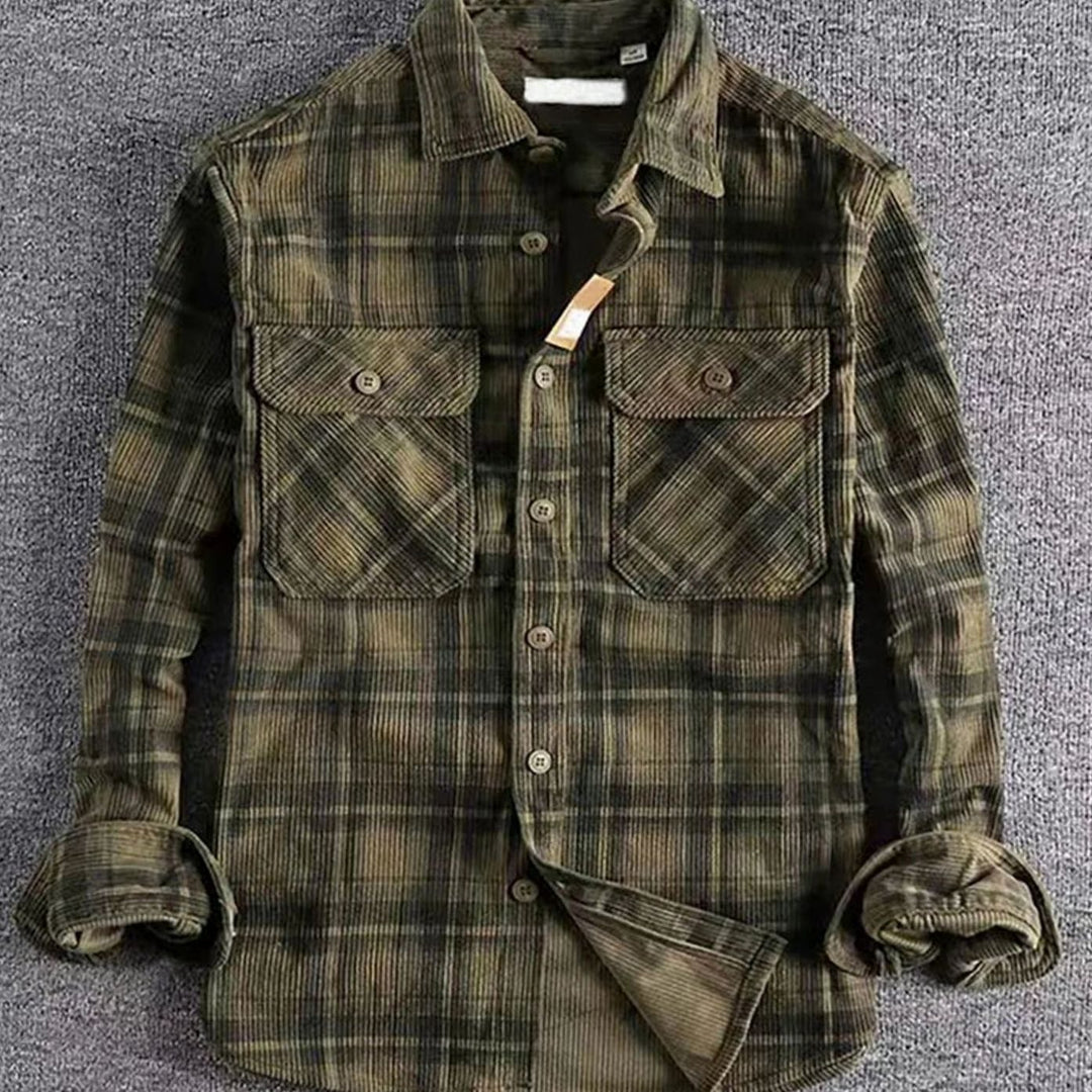 Men's Relaxed-Fit Plaid Flannel Button-Up Shirt Dual Chest Pockets - Green