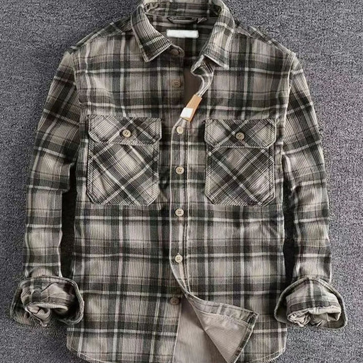 Men's Relaxed-Fit Plaid Flannel Button-Up Shirt Dual Chest Pockets - Dark Gray
