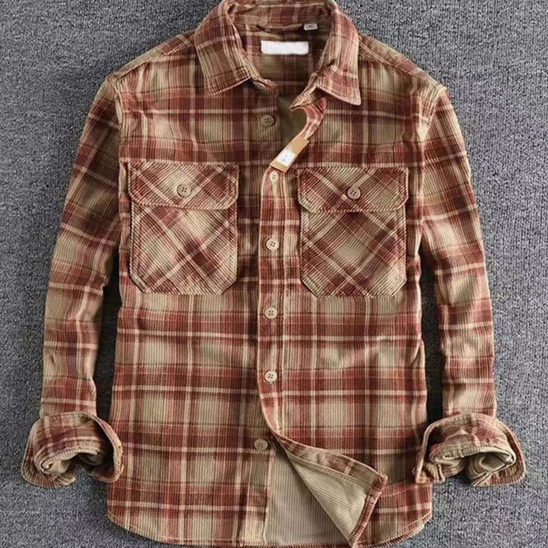 Men's Relaxed-Fit Plaid Flannel Button-Up Shirt Dual Chest Pockets - Red