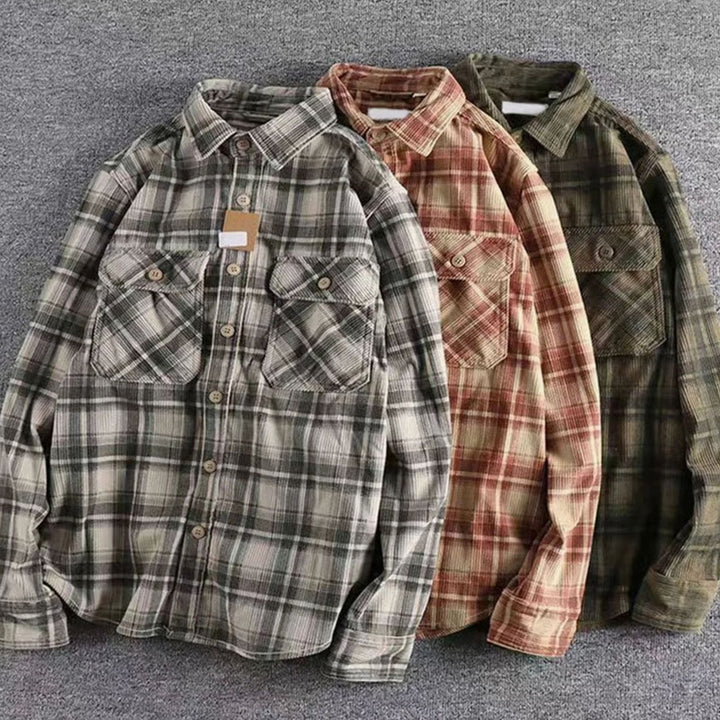 Men's Relaxed-Fit Plaid Flannel Button-Up Shirt Dual Chest Pockets