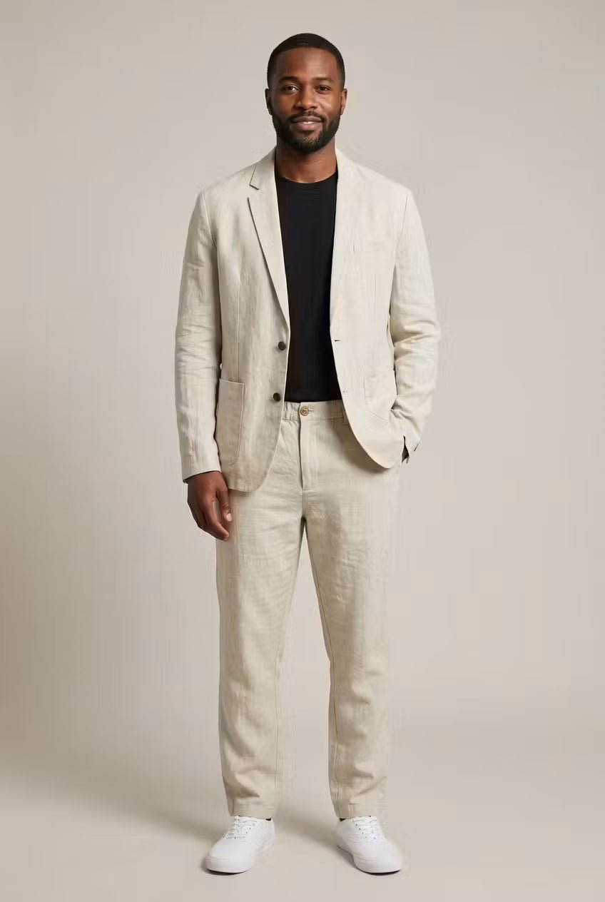 Men's Relaxed-Fit Two-Piece Linen Blazer Suit Set - Apricot