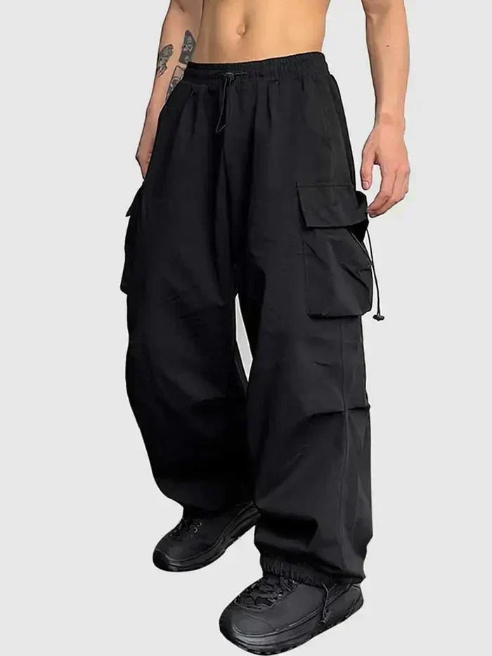 Men's Relaxed Wide-Leg Drawstring Cargo Pants - Black