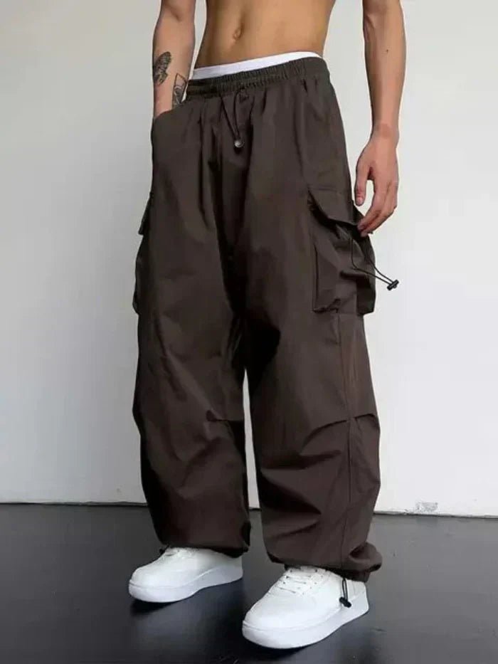 Men's Relaxed Wide-Leg Drawstring Cargo Pants - Dark Brown