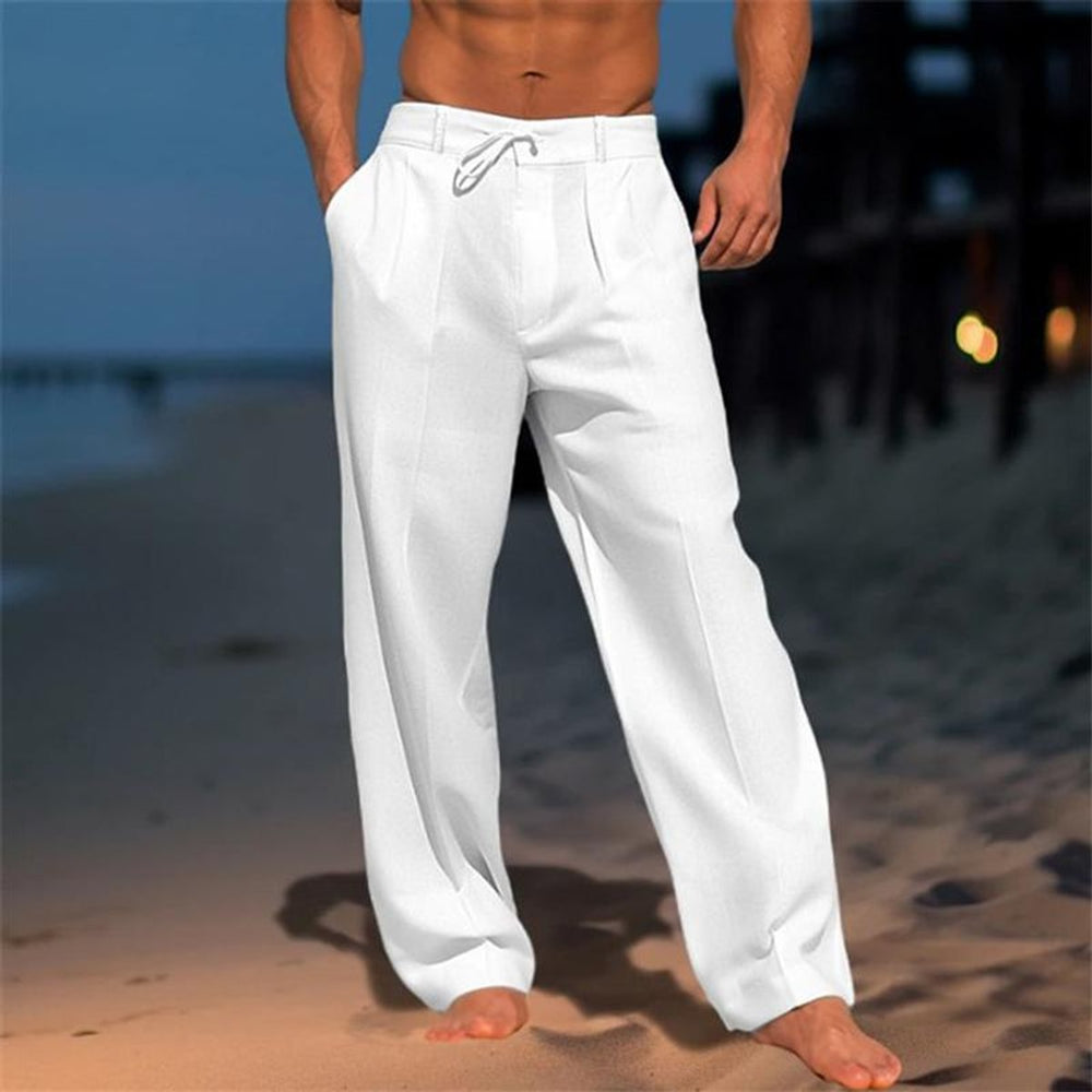 Men's Relaxed Wide-Leg Drawstring Linen Pants - White