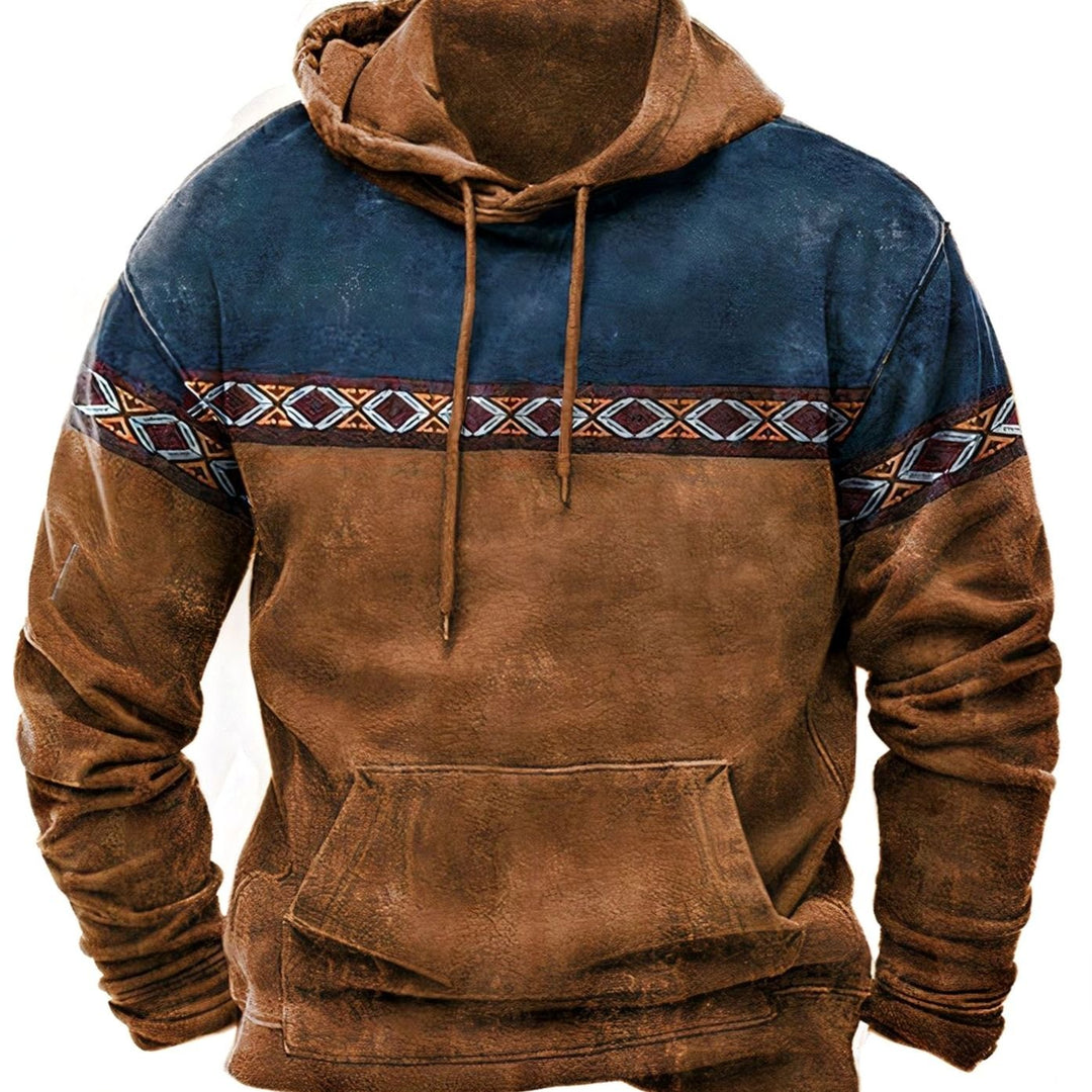 Men's Retro Aztec Colorblock Drawstring Casual Hoodie - Brown