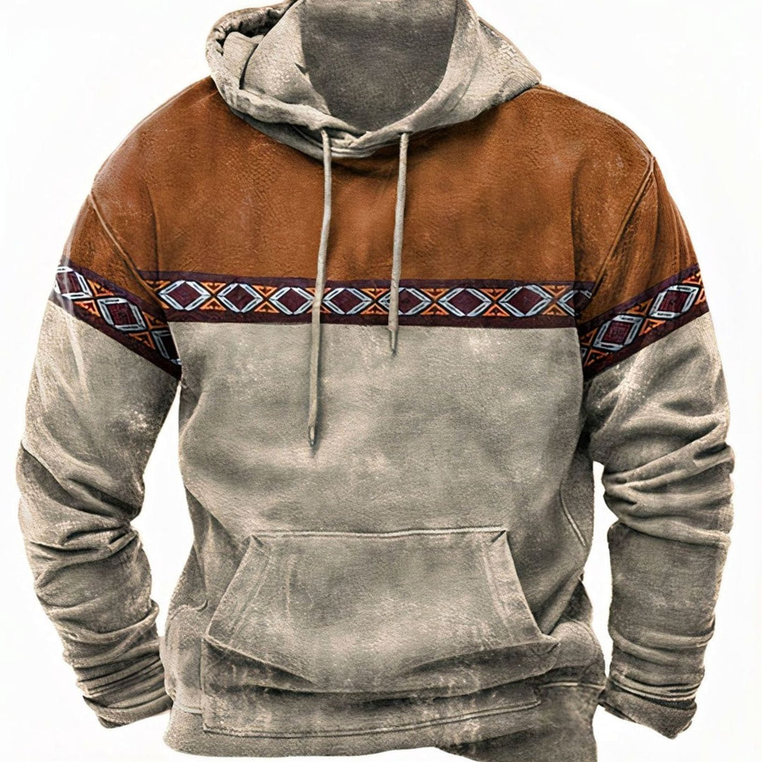 Men's Retro Aztec Colorblock Drawstring Casual Hoodie - Khaki