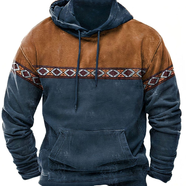 Men's Retro Aztec Colorblock Drawstring Casual Hoodie - Dark Green