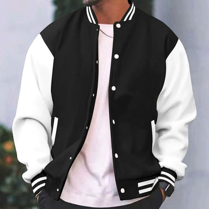 Men's Retro Colorblock Snap-Button Varsity Jacket - Black