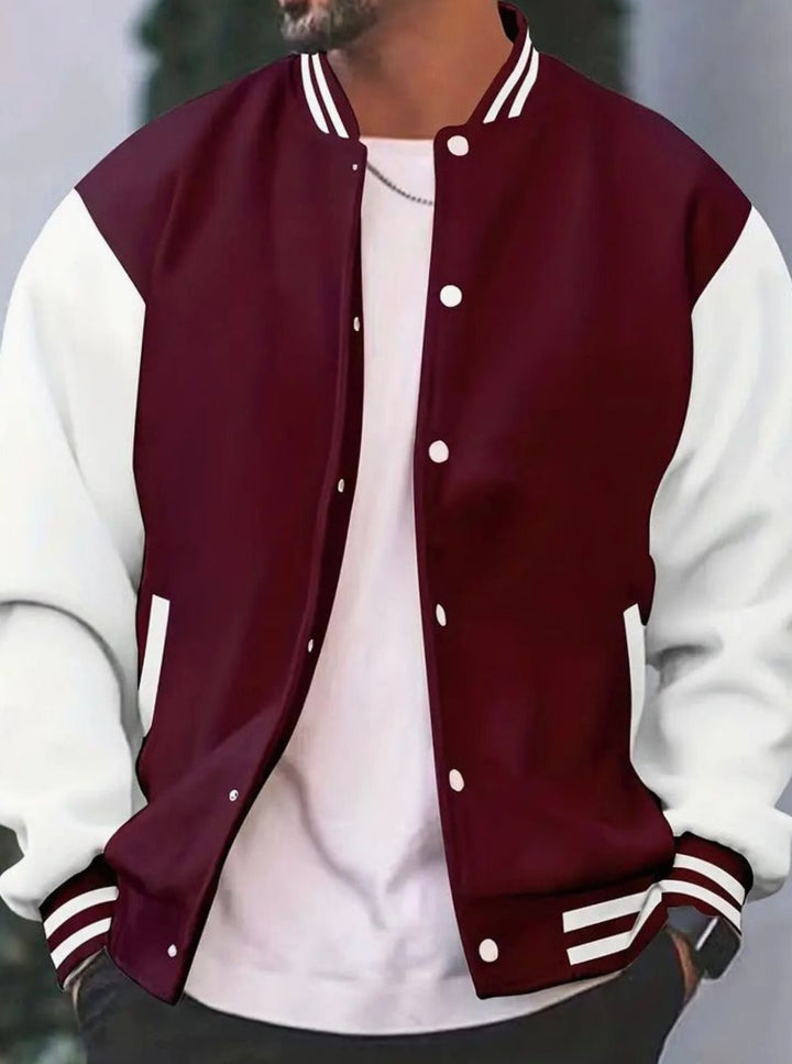 Men's Retro Colorblock Snap-Button Varsity Jacket - Burgundy