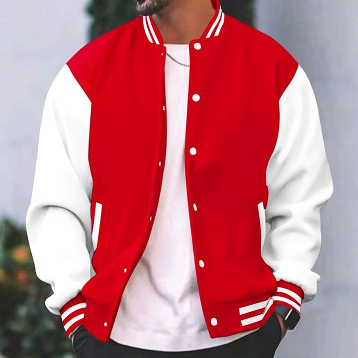 Men's Retro Colorblock Snap-Button Varsity Jacket - Red