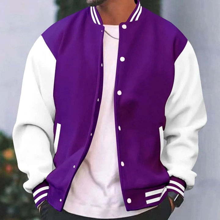 Men's Retro Colorblock Snap-Button Varsity Jacket - Purple