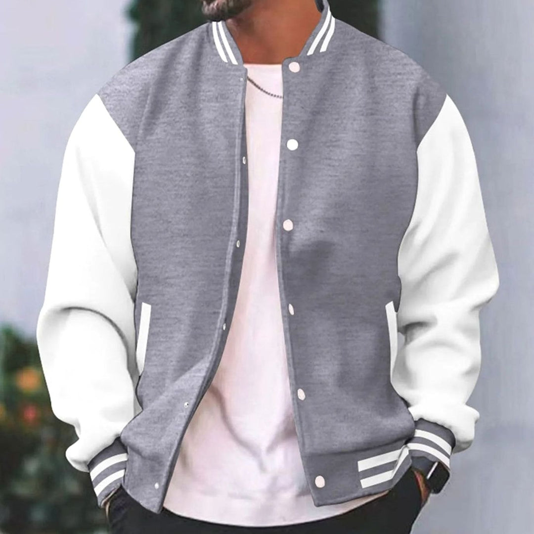 Men's Retro Colorblock Snap-Button Varsity Jacket - Grey
