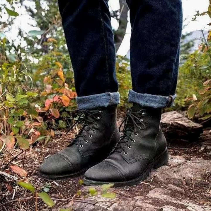 Men's Retro Leather Lace-Up Ankle Boots - Black