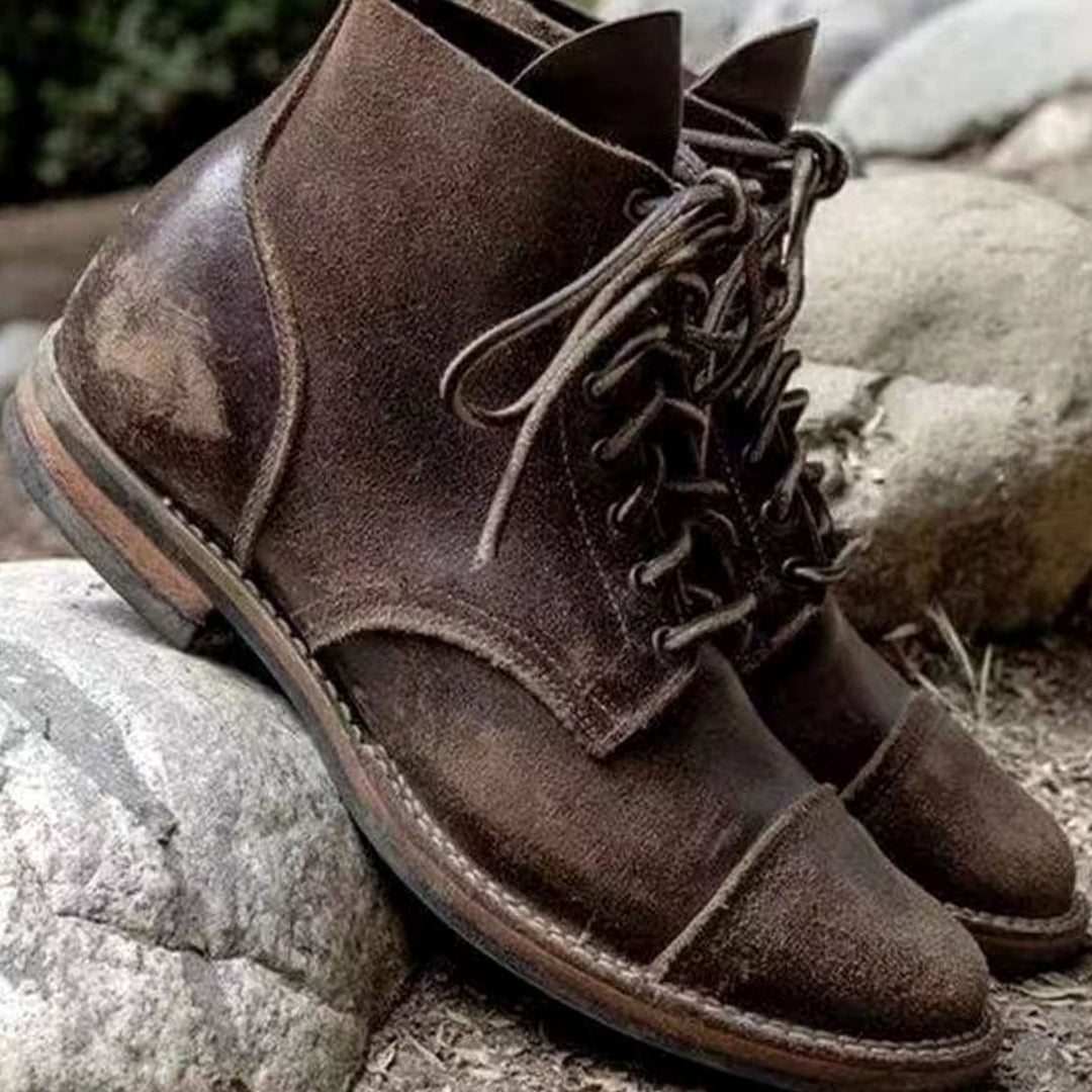 Men's Rugged Leather Lace-Up Boots Ankle Cap-Toe - Dark Brown