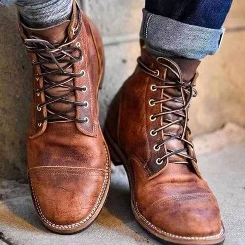 Men's Rugged Leather Lace-Up Boots Ankle Cap-Toe - Light Brown