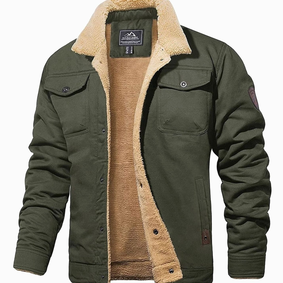 Men's Sherpa-Lined Fleece Collar Winter Jacket - Army Green