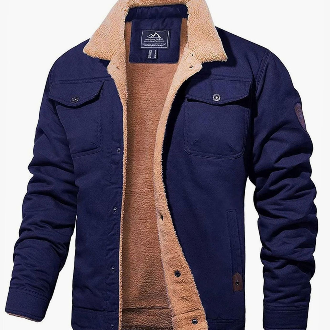 Men's Sherpa-Lined Fleece Collar Winter Jacket - Navy Blue