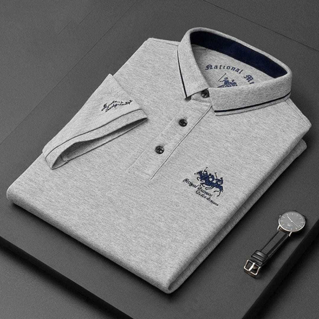 Men's Short-Sleeve Contrast-Trim Cotton Polo Shirt - Szary