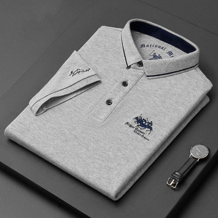 Men's Short-Sleeve Contrast-Trim Cotton Polo Shirt - Szary