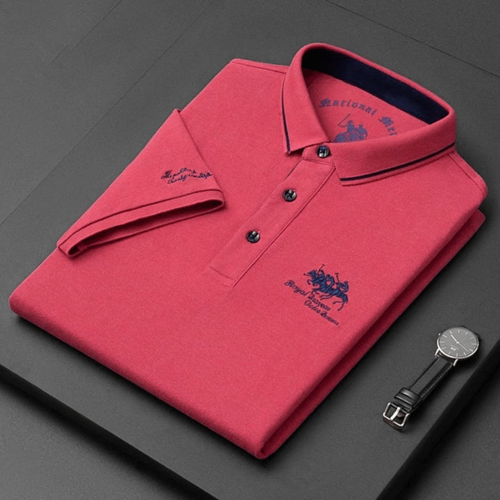 Men's Short-Sleeve Contrast-Trim Cotton Polo Shirt - Czerwony