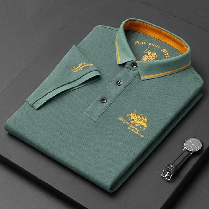 Men's Short-Sleeve Contrast-Trim Cotton Polo Shirt - Zielony